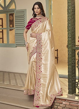Cream Jacquard Silk Stones Embroidered Zari Thread Coding Saree
