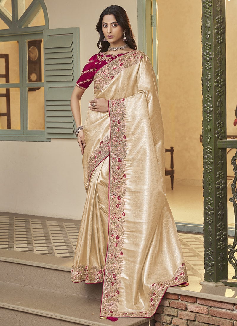 Cream Jacquard Silk Stones Embroidered Zari Thread Coding Saree Wedding Wear
