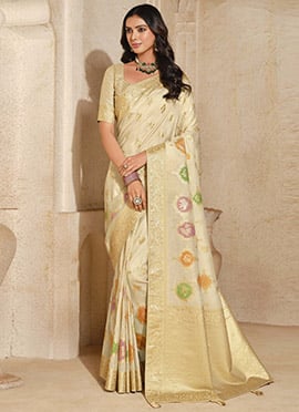Cream Jacquard Silk With Zari Woven Saree