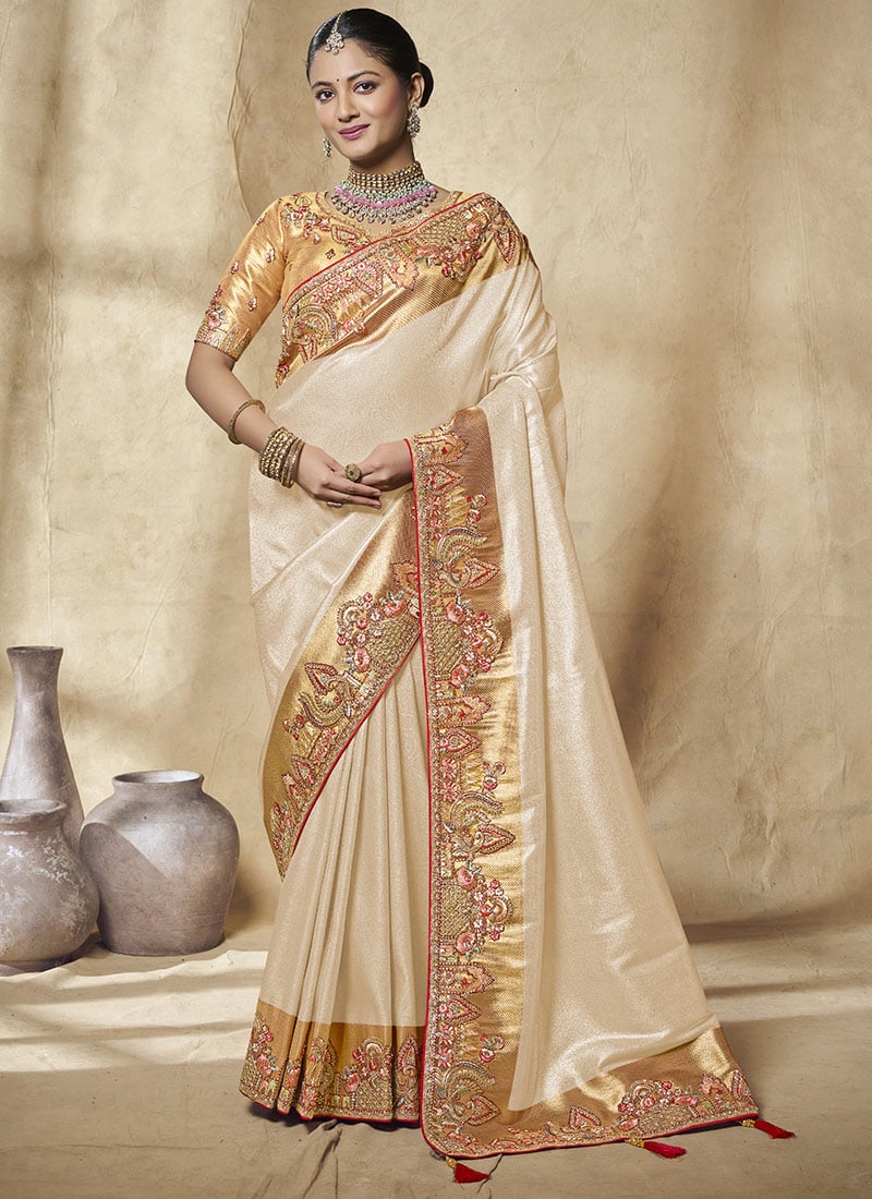 Cream Jacquard Silk Zari Sequins Stones Embroidered Saree Wedding Wear