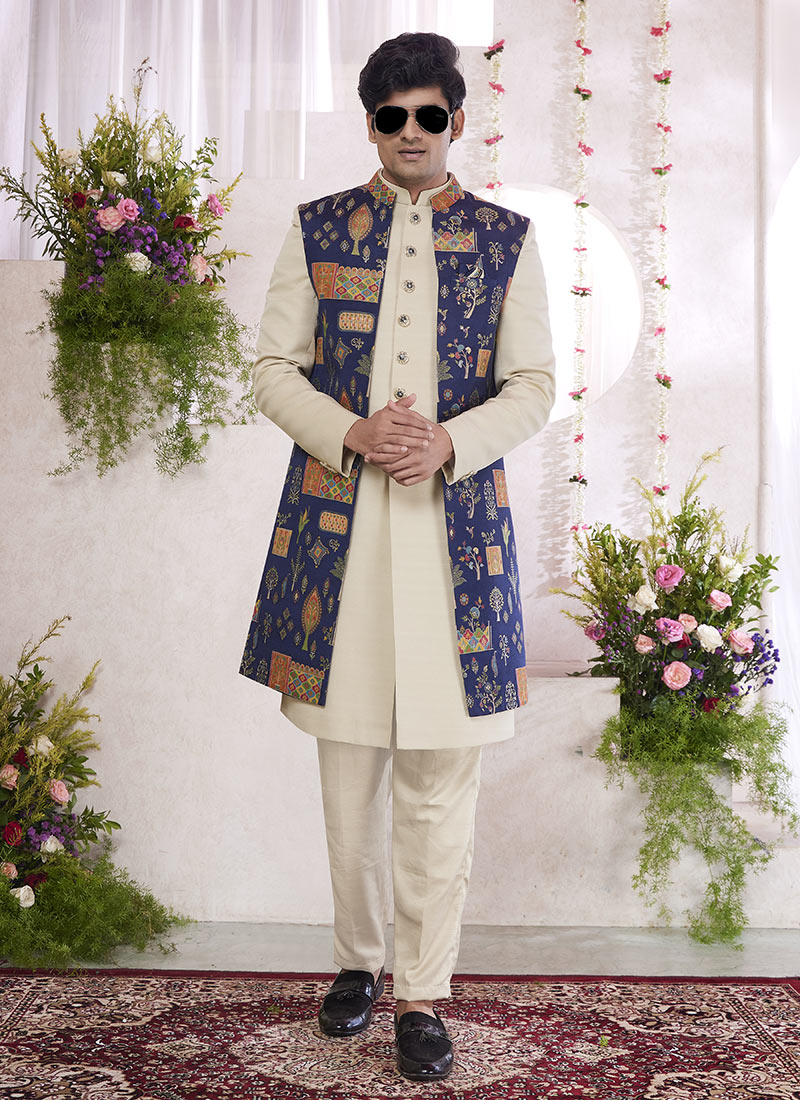 Cream Jacqurad Silk Zari Work Indowestern Sherwani Wedding Wear