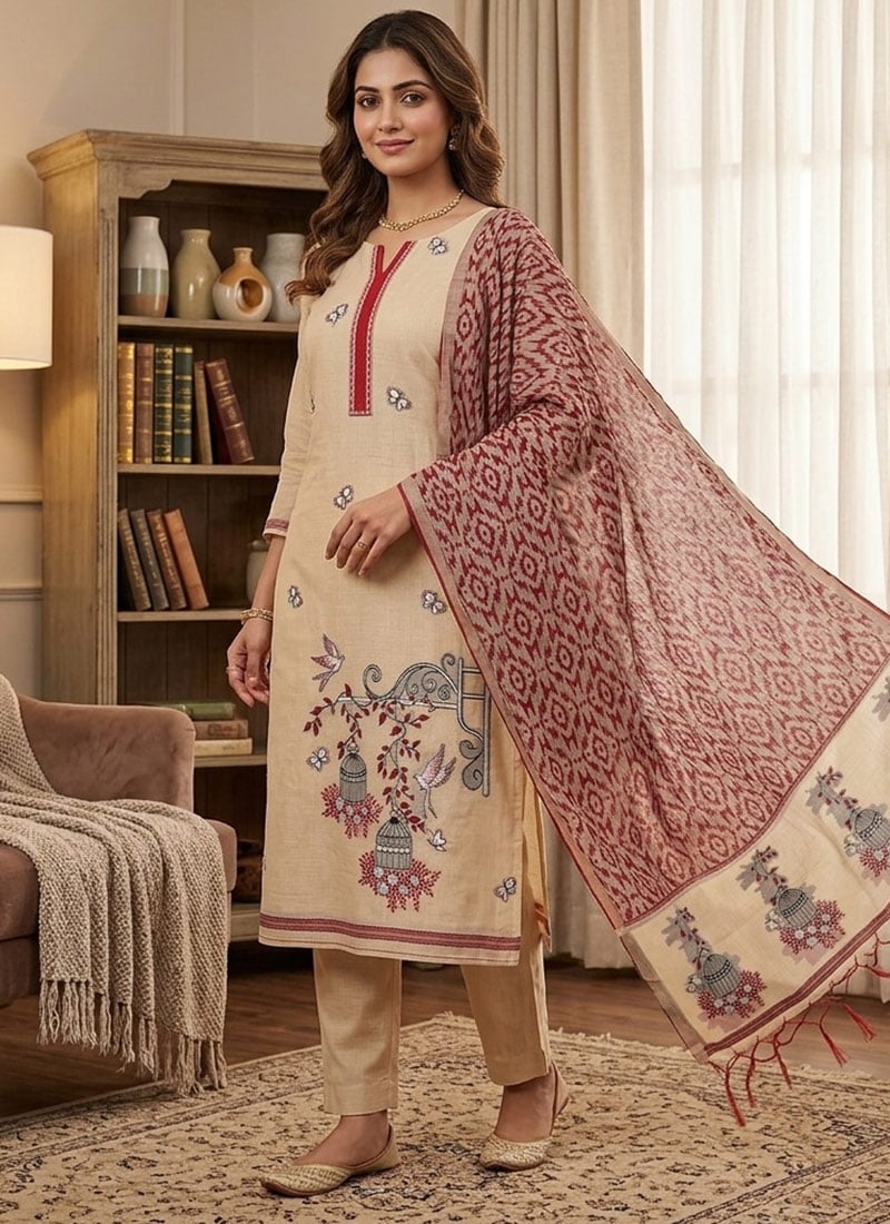 Cream Jamdani Pichwai Weaving Banarasi Silk Straight Pant Suit Leisure Wear