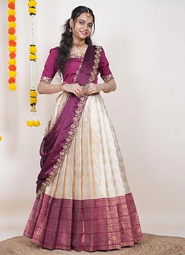 Cream Kanjivaram Silk Jacquard Zari Embroidered A Line Lehenga