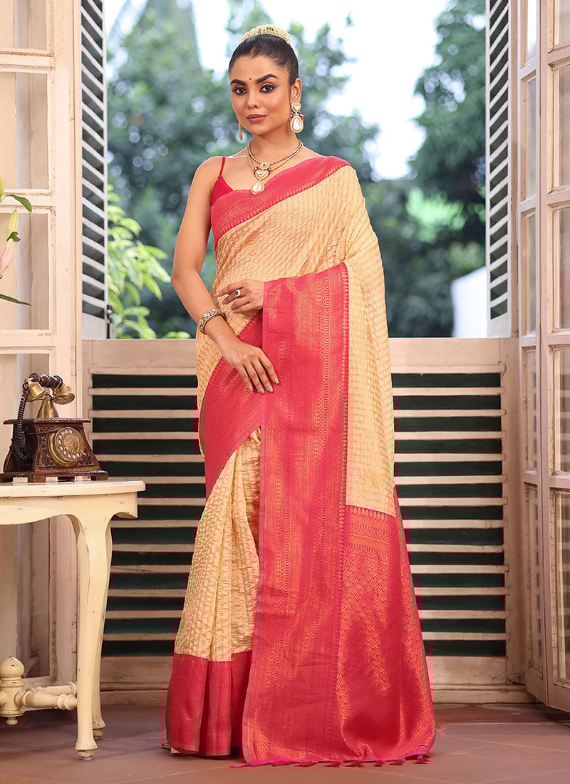 Cream Kanjivaram Silk Zari Saree After Six Wear