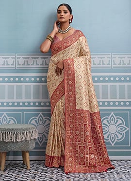 Cream Kanjivaram Soft Silk Zari Saree