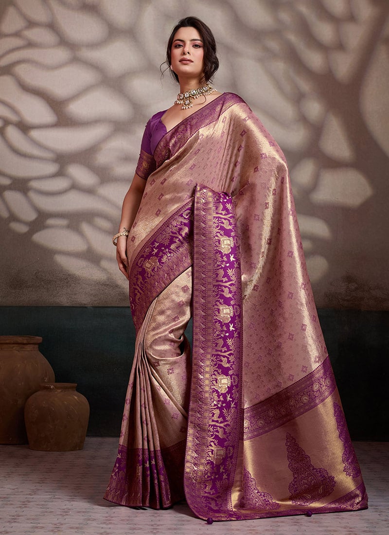 Cream Kanjivaram Soft Silk Zari Woven Saree Festive Wear