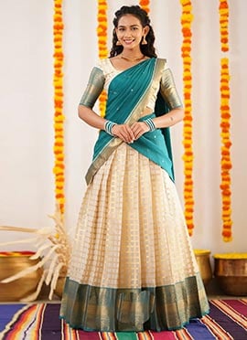Cream Kanjiveram Silk Jacquard Zari A Line Lehenga