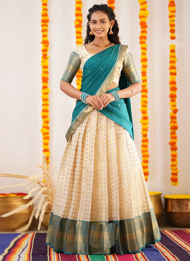 Cream Kanjiveram Silk Jacquard Zari A Line Lehenga Festive Wear