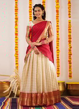 Cream Kanjiveram Silk Jacquard Zari A Line Lehenga