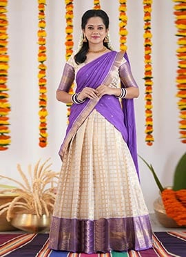 Cream Kanjiveram Silk Jacquard Zari A Line Lehenga