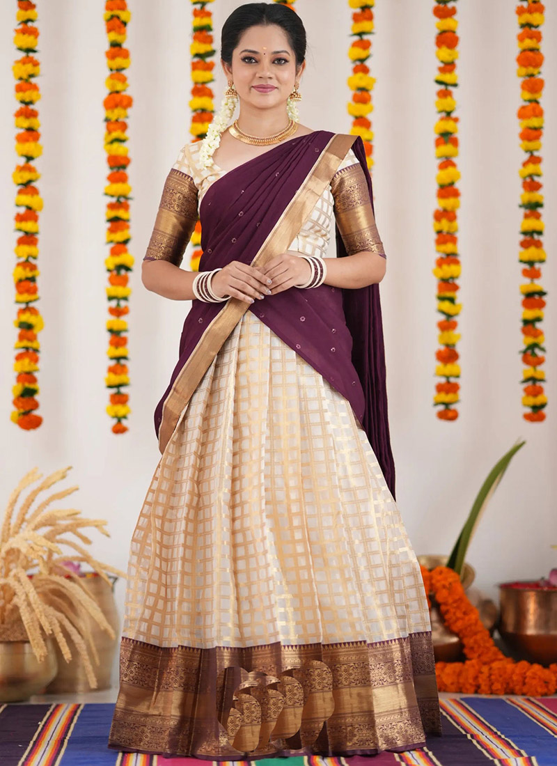 Cream Kanjiveram Silk Jacquard Zari A Line Lehenga Festive Wear