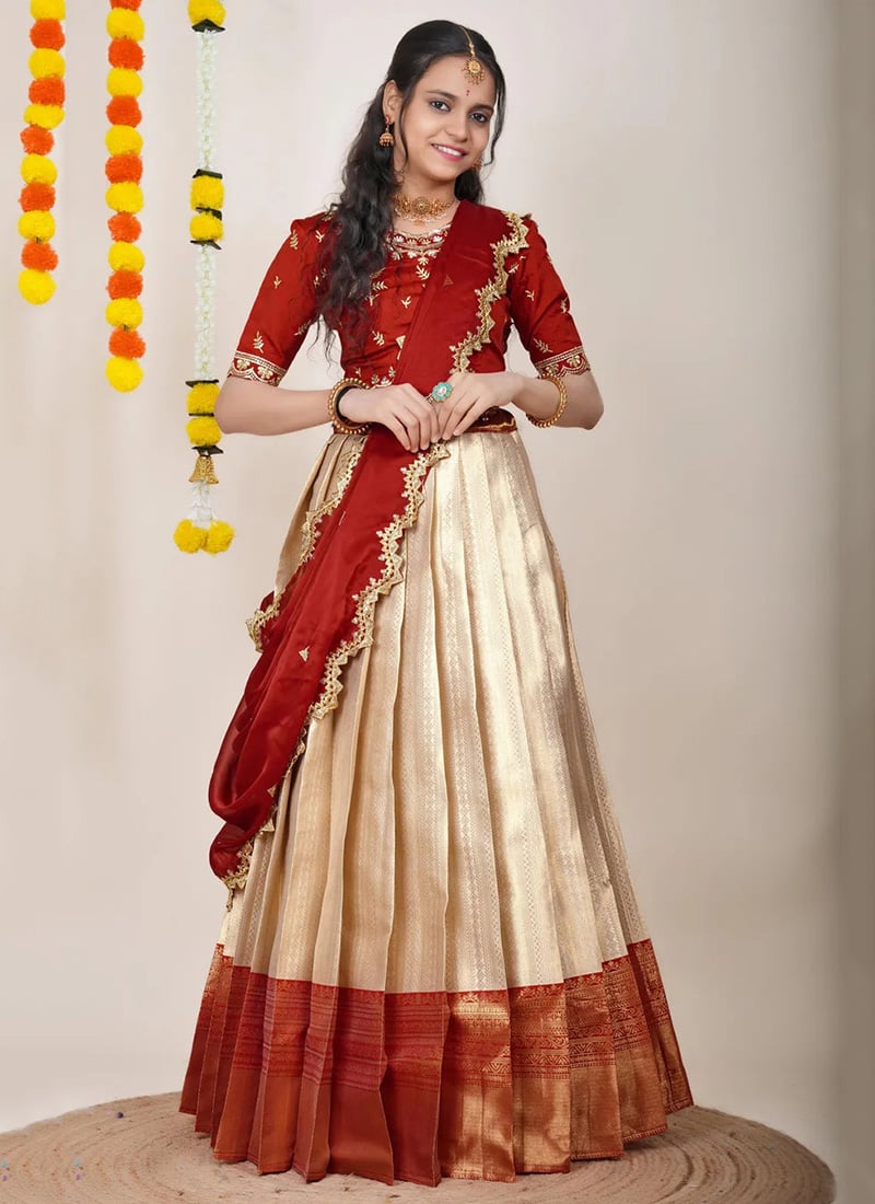 Cream Kanjiveram Silk Jacquard Zari Embroidered A Line Lehenga