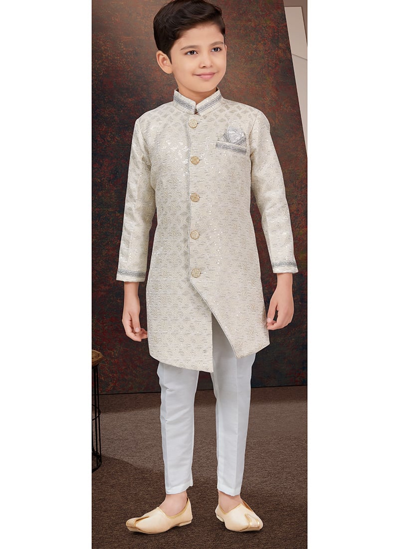 Cream Kasak Zari Jacquard Sequins Kids Boys Indowestern Sherwani Wedding Wear