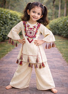 Cream Khadi Cottan Embroidery Sequence Work With Real Mirror Work Kids Girls Kurta Palazzo Set