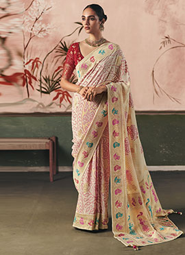 Cream Khadi Georgette Bandhej Woven Work Jacquard Saree