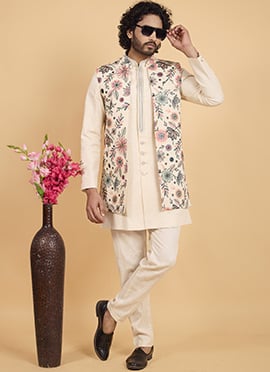Cream Khadi Silk Embroidered Thread Indowestern Sherwani
