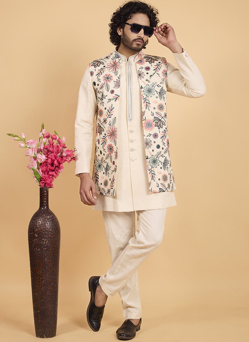 Cream Khadi Silk Embroidered Thread Indowestern Sherwani Wedding Wear