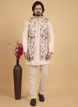Cream Khadi Silk Thread Embroidered Indowestern Sherwani