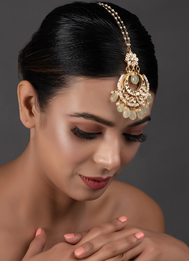 Cream Kundan And Bead Work With Meenakari Dual Sided Wearable Maangtikka After Six Wear