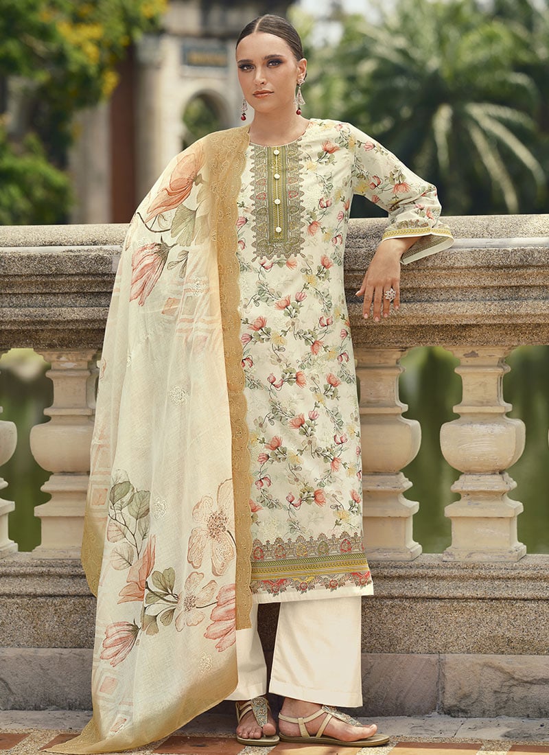 Cream Lawn Cotton Digital Print Embroidered Thread Straight Pant Suit After Six Wear