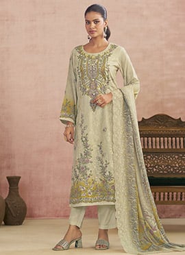 Cream Lawn Cotton Digital Print Straight Pant Suit