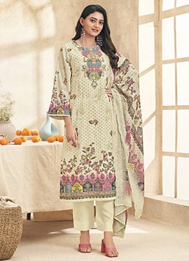 Cream Lawn Cotton Thread Embroidered And Digital Print Straight Pant Suit