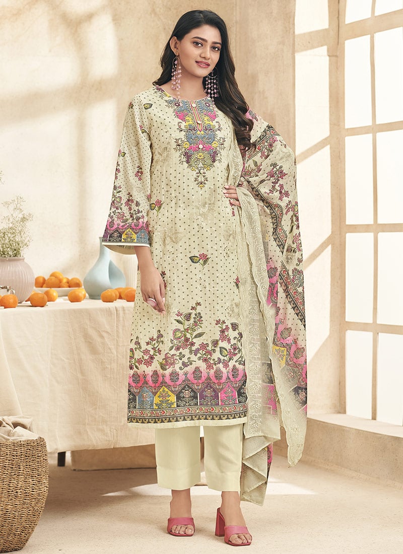 Cream Lawn Cotton Thread Embroidered And Digital Print Straight Pant Suit Festive Wear