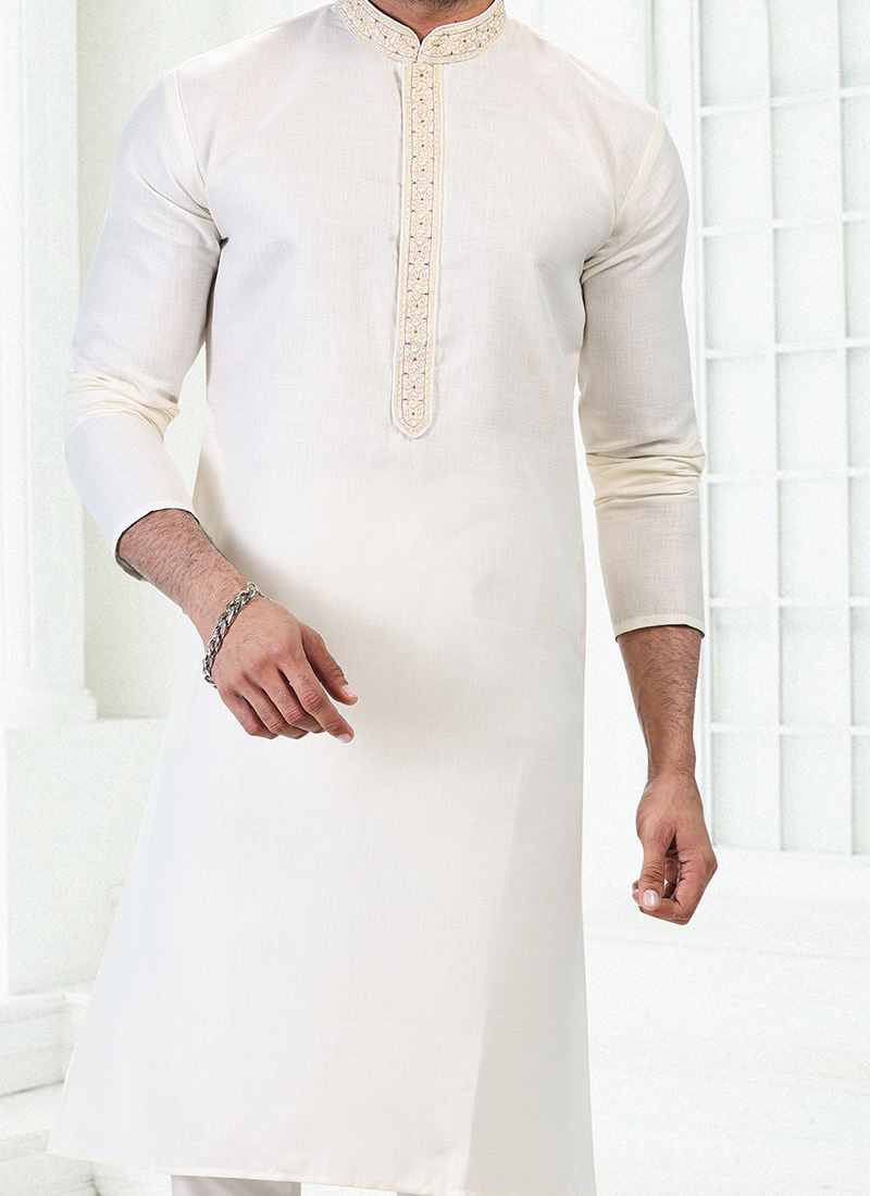 Cream Printed 3/4Th Sleeve Cotton Kurta Set  With Solid Pants
