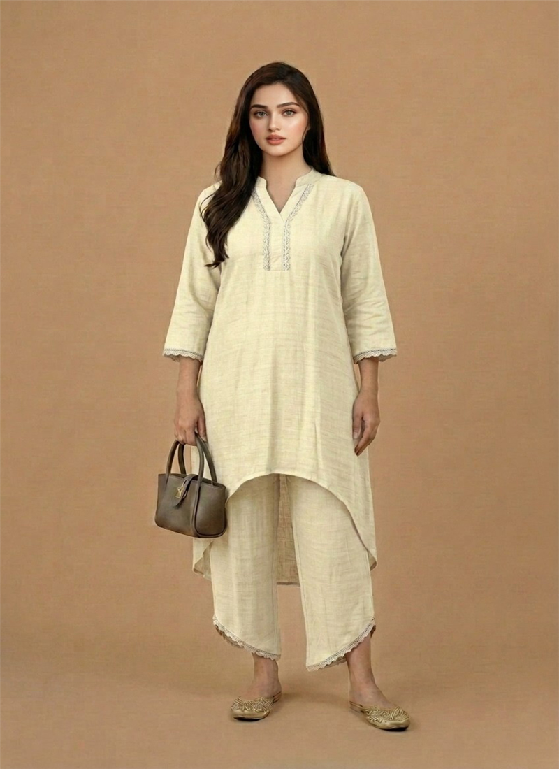 Cream Linen Cotton Kurta Set After Six Wear