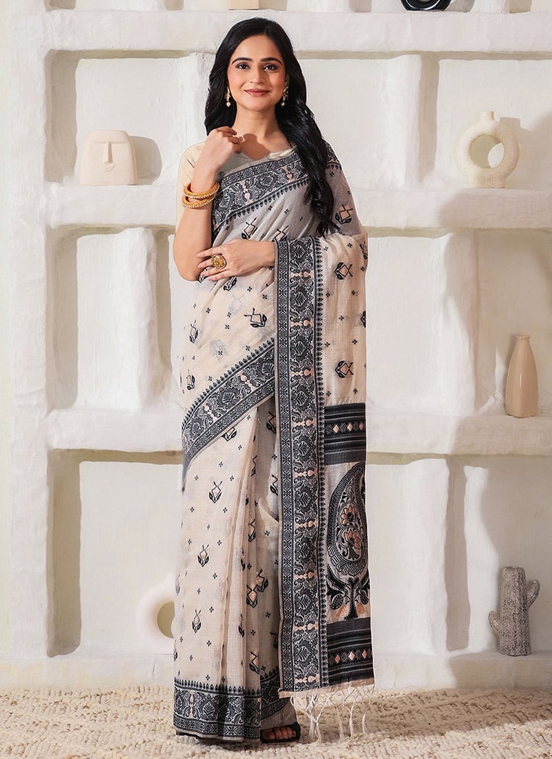 Cream Linen Cotton Thread Woven Saree