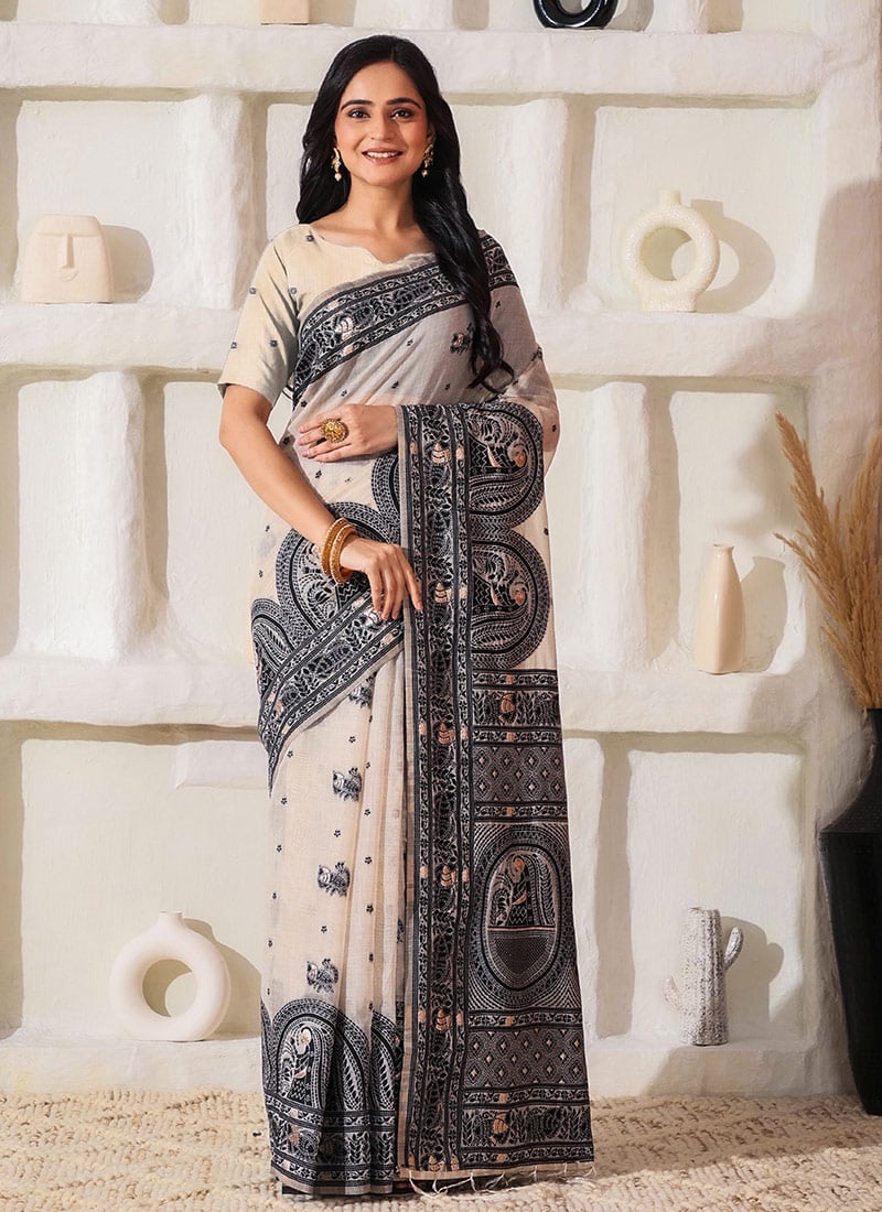 Cream Linen Cotton Thread Woven Saree