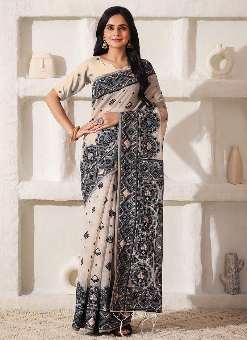 Cream Linen Cotton Thread Woven Saree