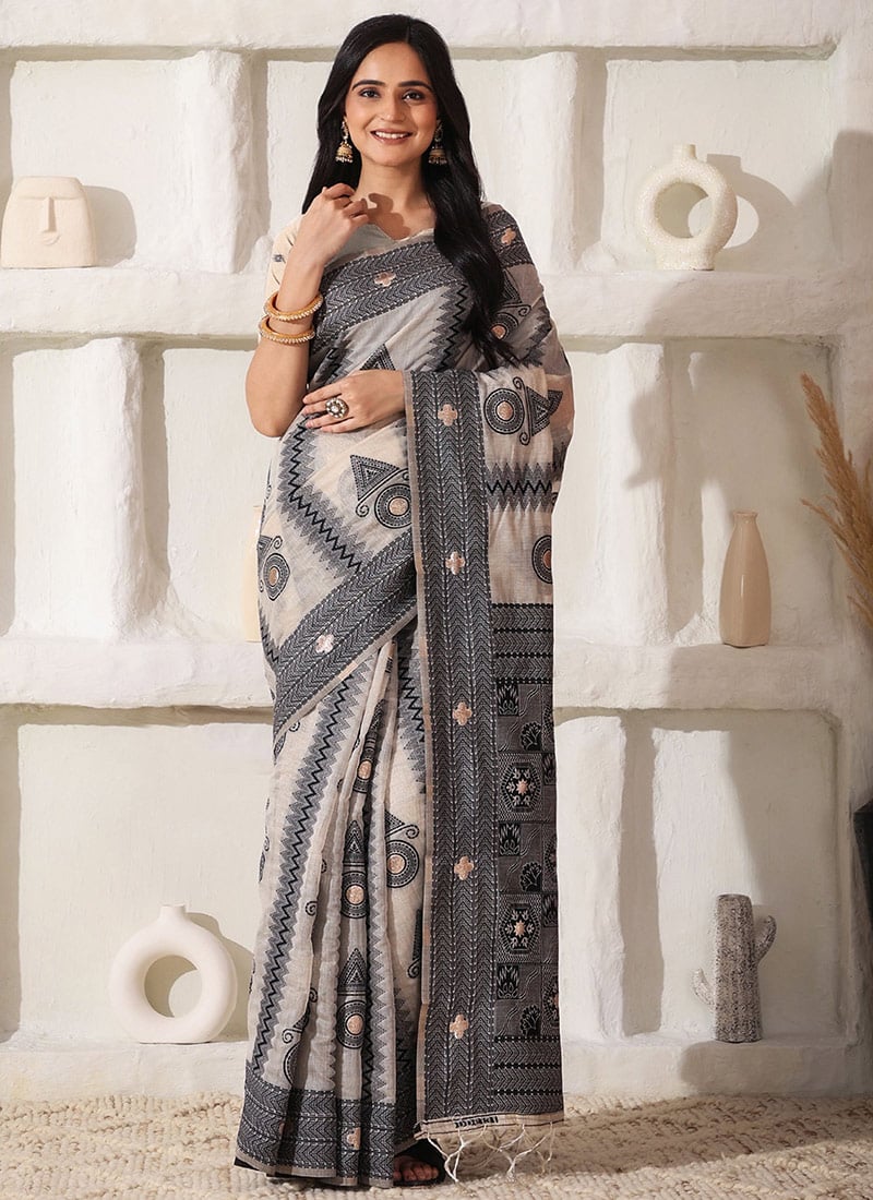 Cream Linen Cotton Thread Woven Saree