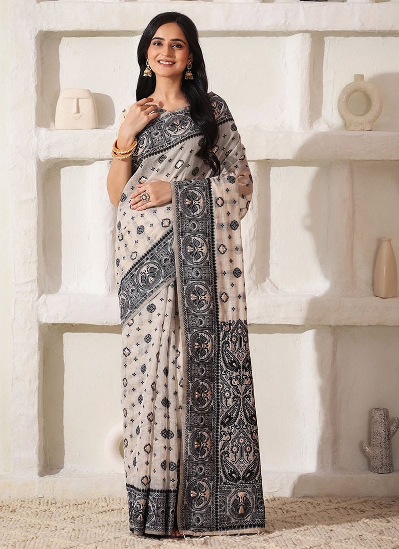 Cream Linen Cotton Thread Woven Saree