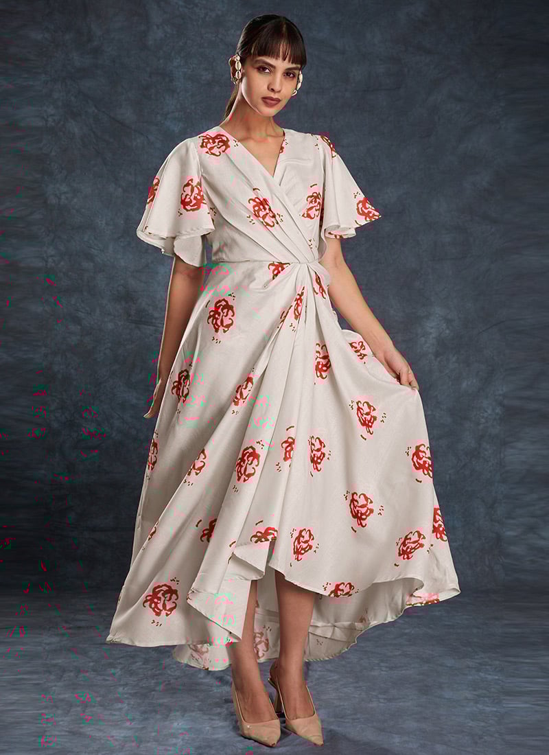 Cream Linen Digital Print Indowestern Maxi With Flutter Sleeves