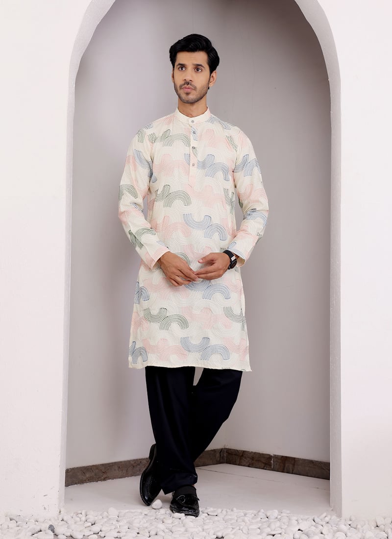 Cream Linen Embroidered Kurta