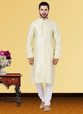 Cream Linen Silk Zari Work Kurta Pyjama