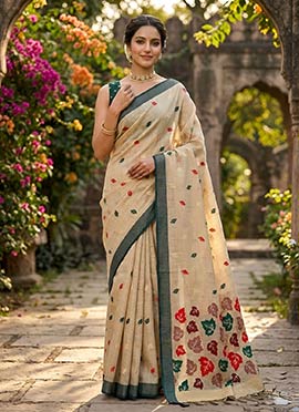 Cream Linen Woven Saree