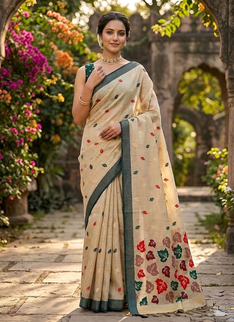 Cream Linen Woven Saree After Six Wear