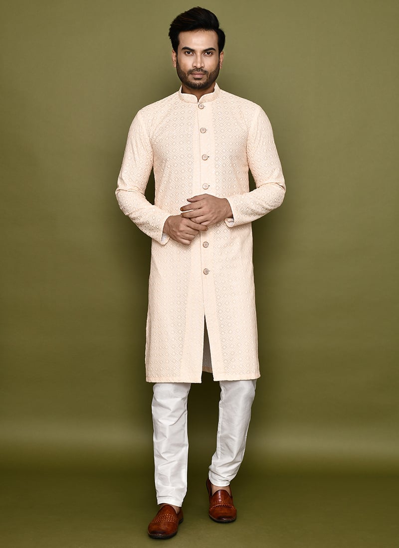 Cream Lucknowi Kurta Pyjama Festive Wear