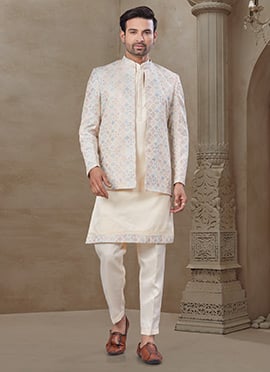 Cream Malai Silk Embroidered Printed Bandi Set