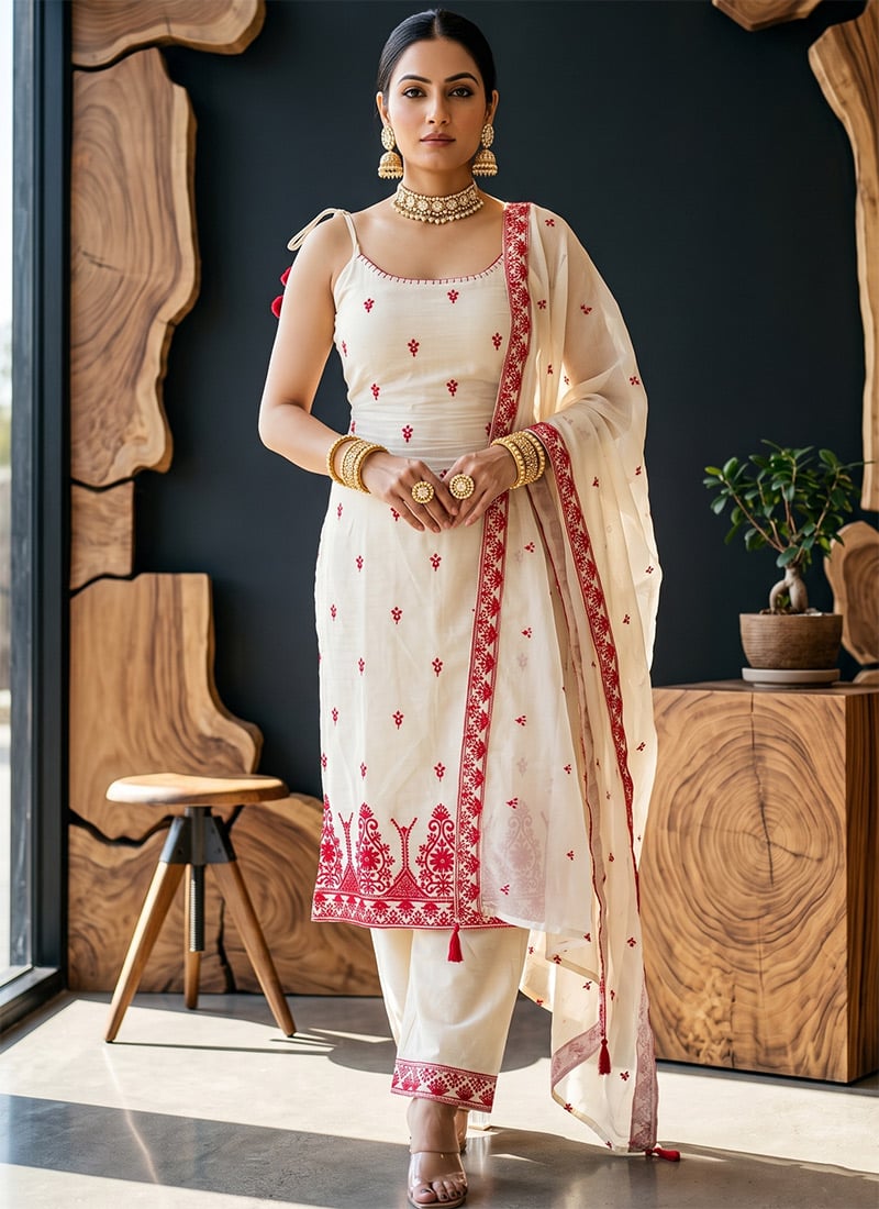 Cream Maska Cotton Silk Embroidered Pant Suit Festive Wear