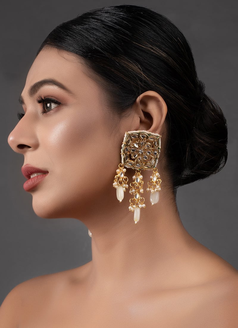 Cream Meenakari Kundan And Beads Work Danglers Festive Wear