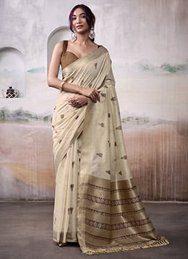 Cream Modal Cotton Woven Zari Saree