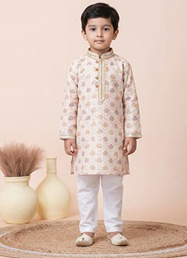 Cream Mono Cotton Polyester Printed Kids Boys Kurta Pyjama