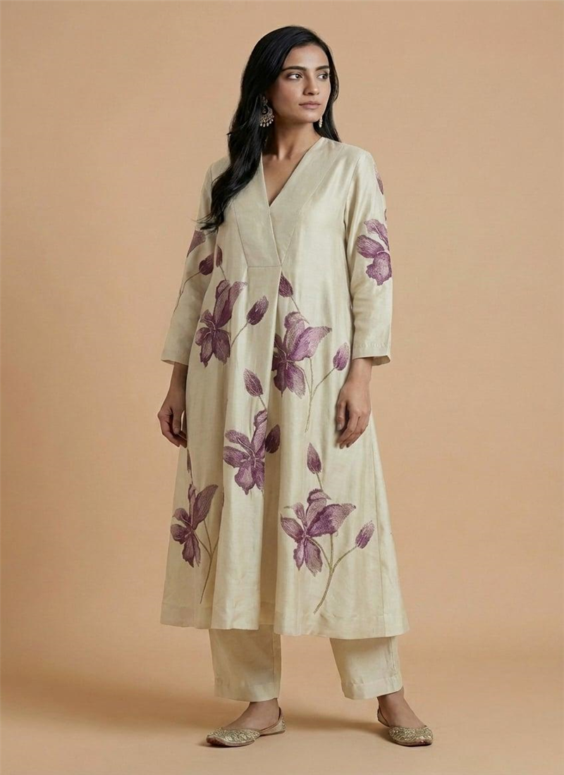 Cream Muslin Cotton Floral Kurta Set After Six Wear