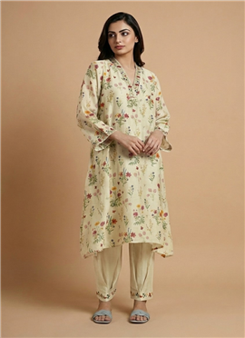 Cream Muslin Cotton Floral Kurta Set