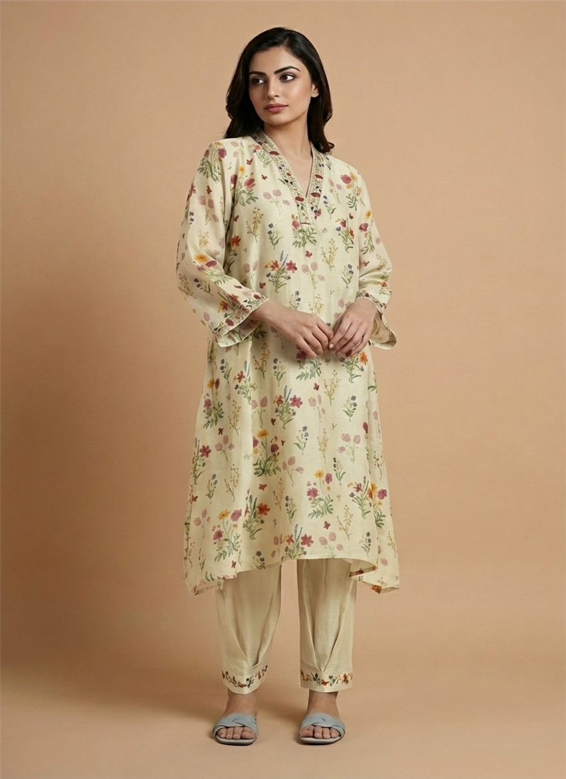 Cream Muslin Cotton Floral Kurta Set After Six Wear