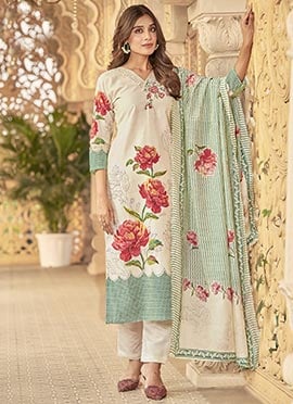 Cream Muslin Digital Print Embroidered Straight Pant Suit