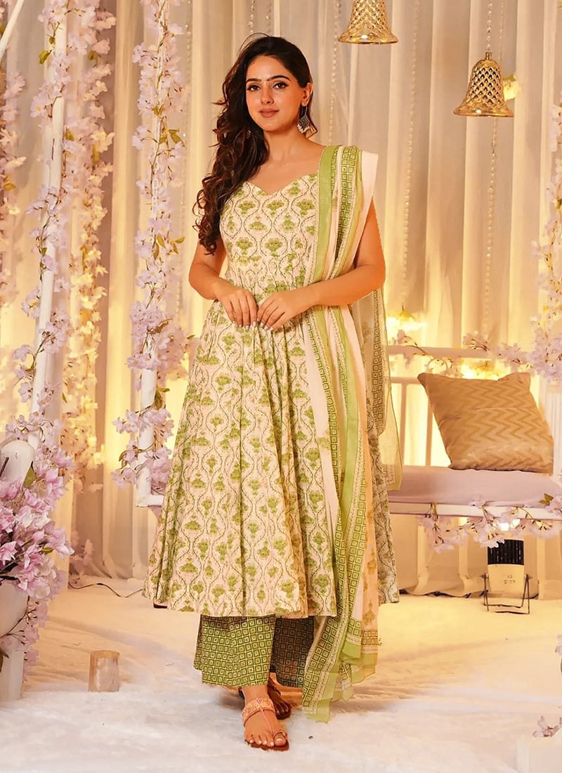 Cream Muslin Digital Print Palazzo Suit